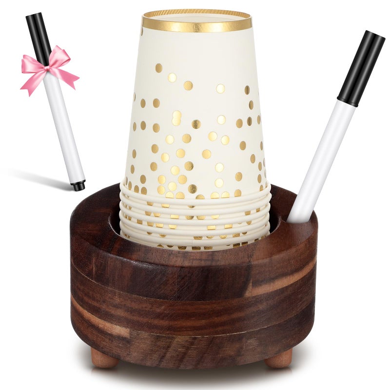 Newtay Wooden Cup Holder with Marker Slot Brown Cup Holder Dispenser Disposable Mug Dispenser for Party Decoration Bathroom Kitchen Showers Picnic Housewarming Couples Gift (Rustic Style 5 Inches) - Image 1